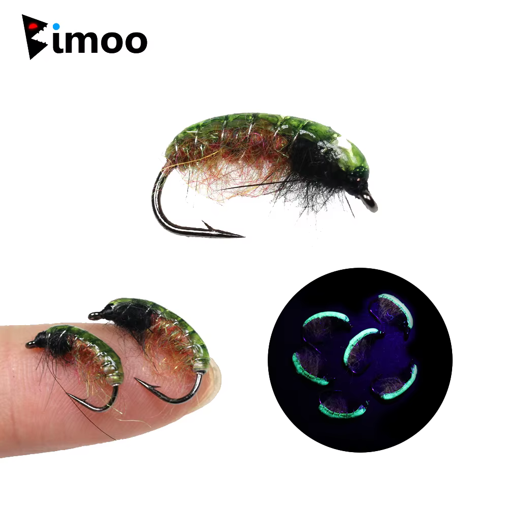 Ninfas artificiales Bimoo UV verde para trucha con scud y gusano - imagen 5