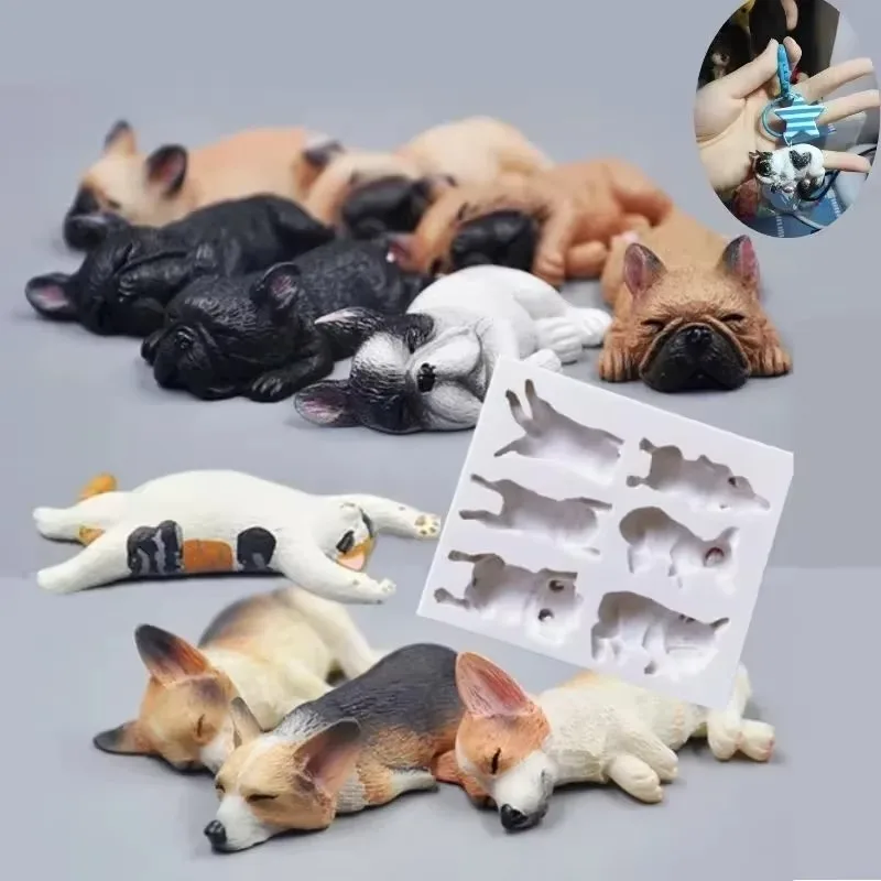 Molde de silicona perro durmiente 3D mostrando diseños de Corgi y Bulldog