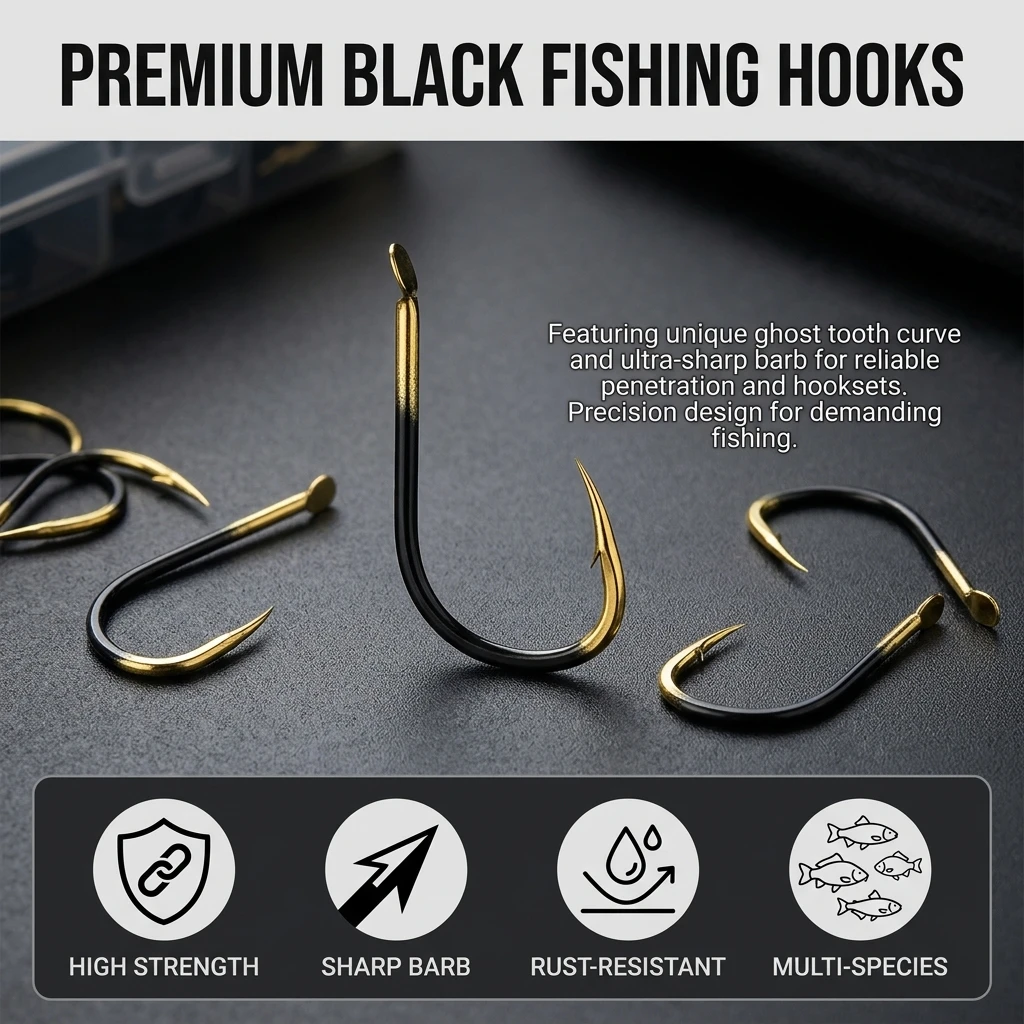 Anzuelo Iseama Black-Gold Ghost Tooth de acero con barbas – Carpa - imagen 4
