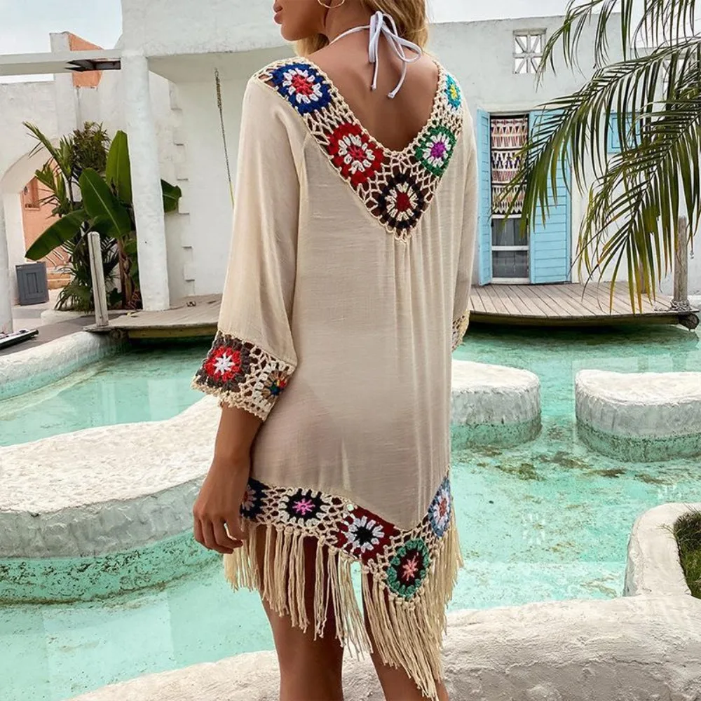 Cubrebañador bikini con flecos, diseño hueco y cuello en V crochet - imagen 2