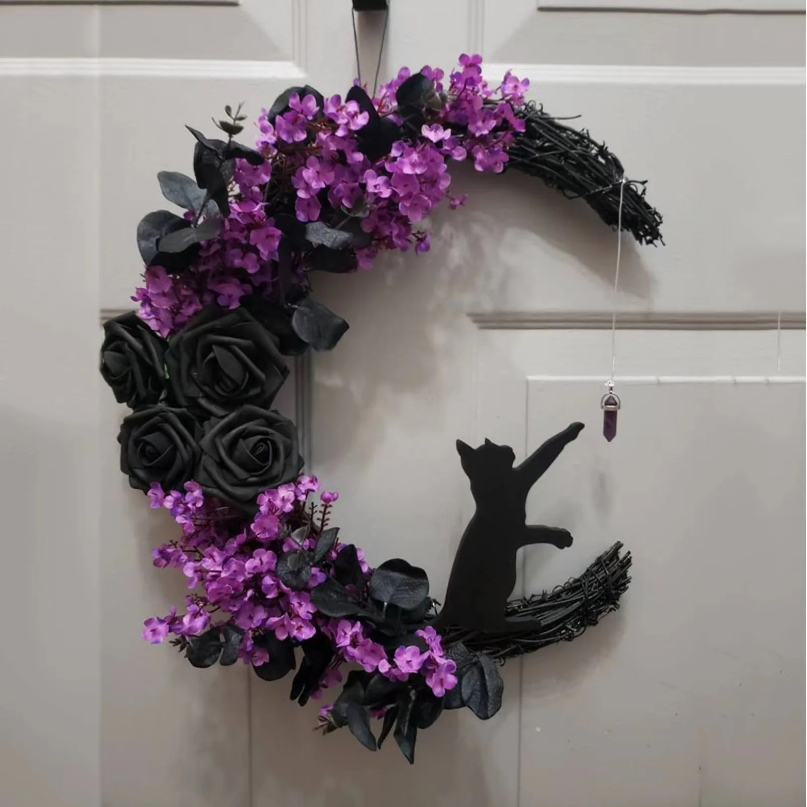 Adorno colgante Halloween gato negro, rosa y luna para puerta - imagen 4