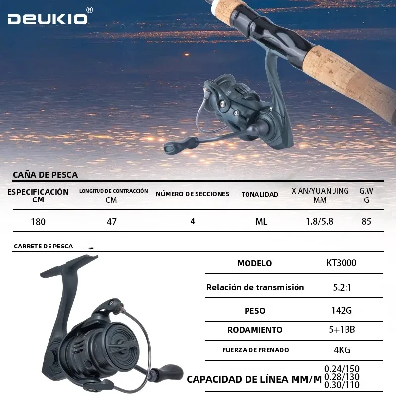 DEUKIO equipo de pesca spinning con carrete de carbono – agua dulce