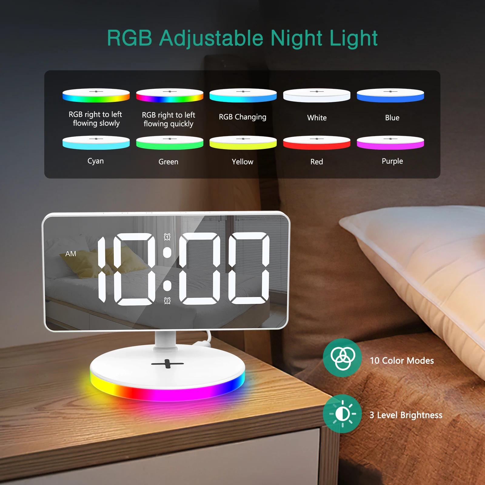 Reloj despertador digital ORIA inalámbrico con luz nocturna RGB - imagen 4