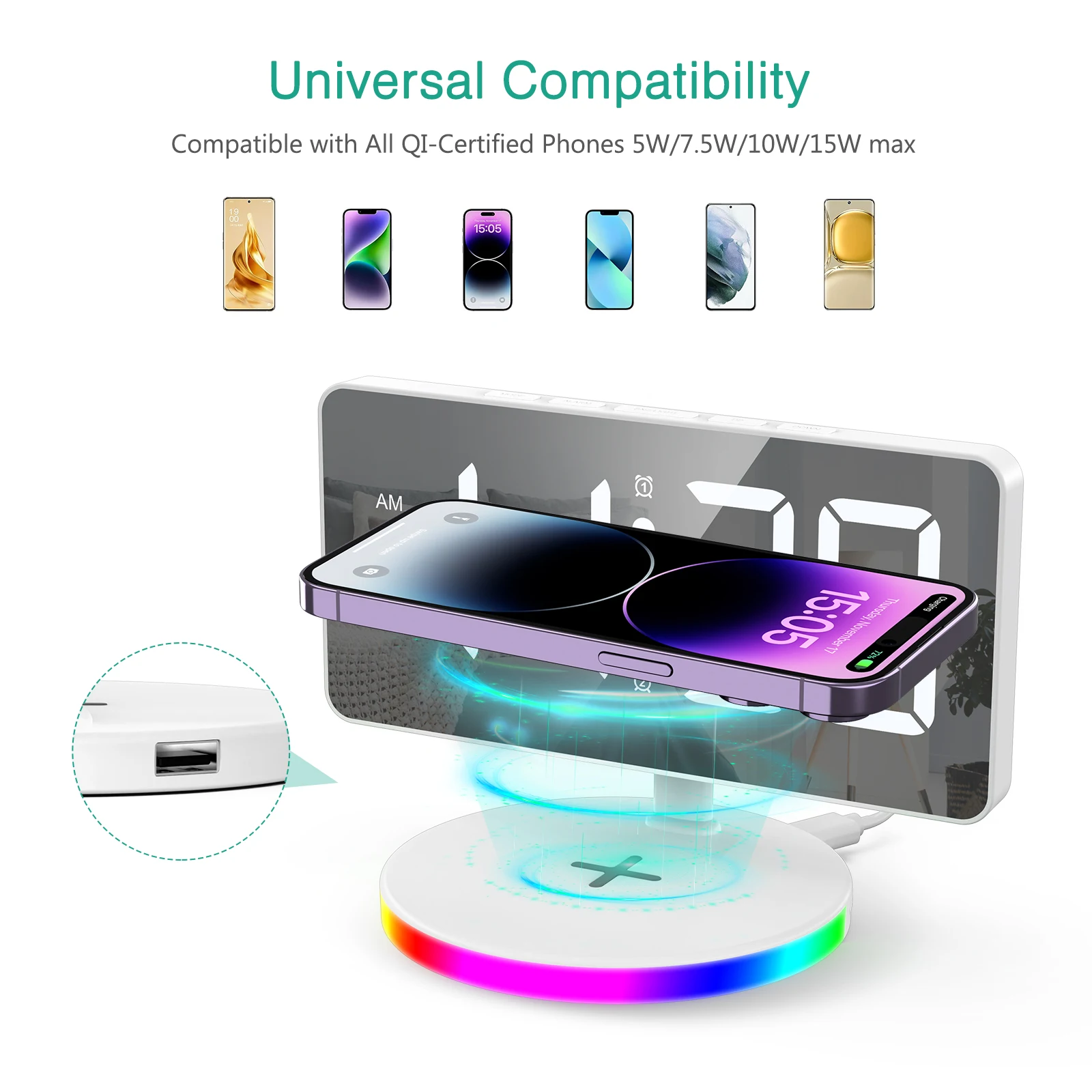 Reloj despertador digital ORIA inalámbrico con luz nocturna RGB - imagen 2