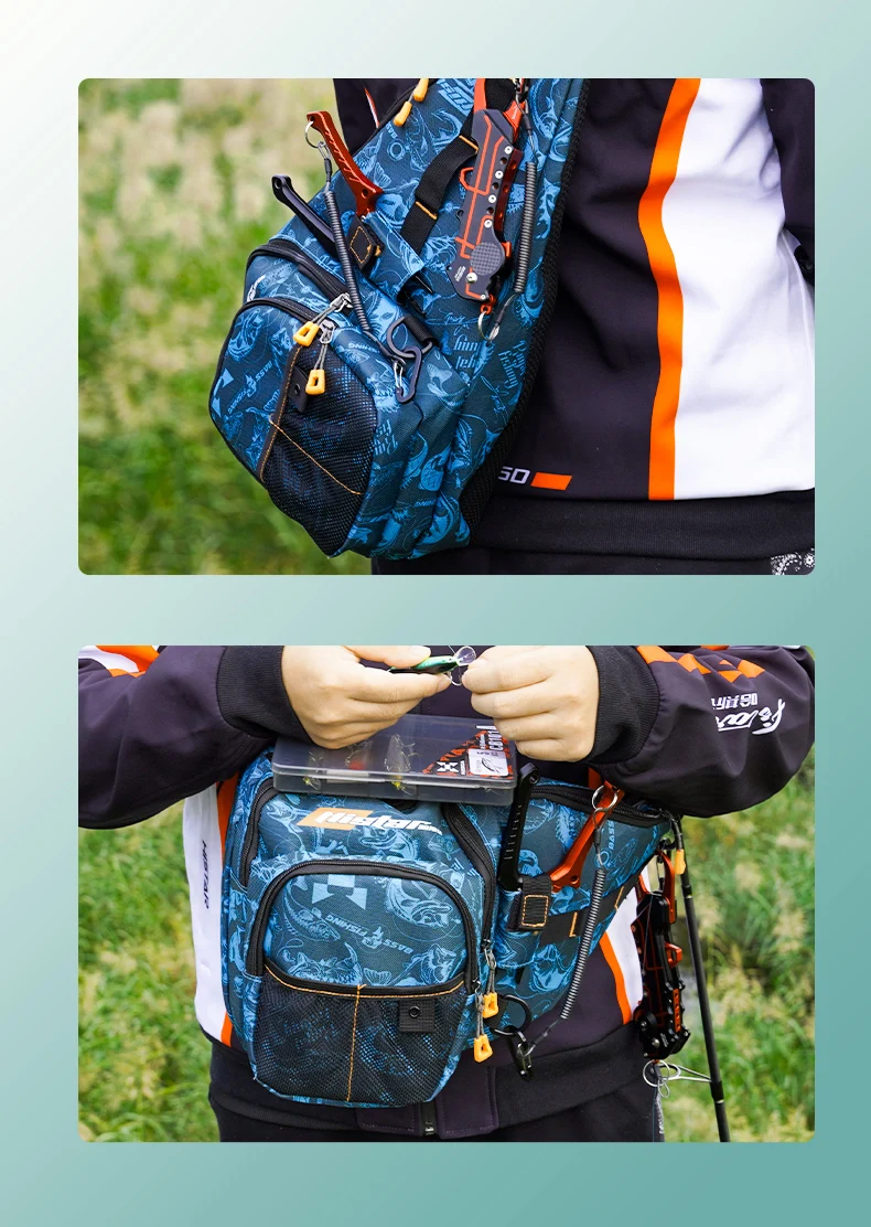 Bolsa de pecho Scione con estampado azul mostrando correas ajustables