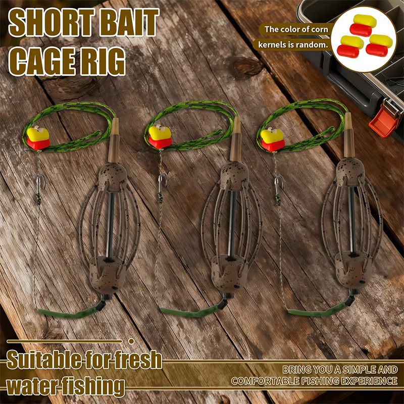 Montaje de carpfishing con jaula cebadora y anzuelos para pop-up