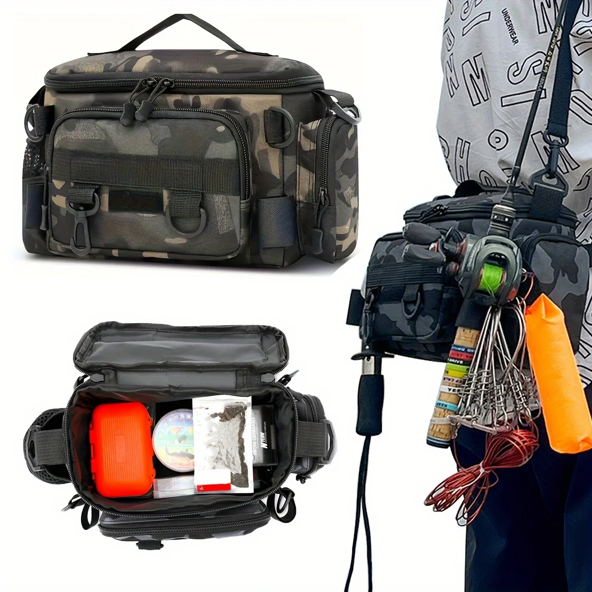 Bolso de pesca de lona con múltiples compartimentos