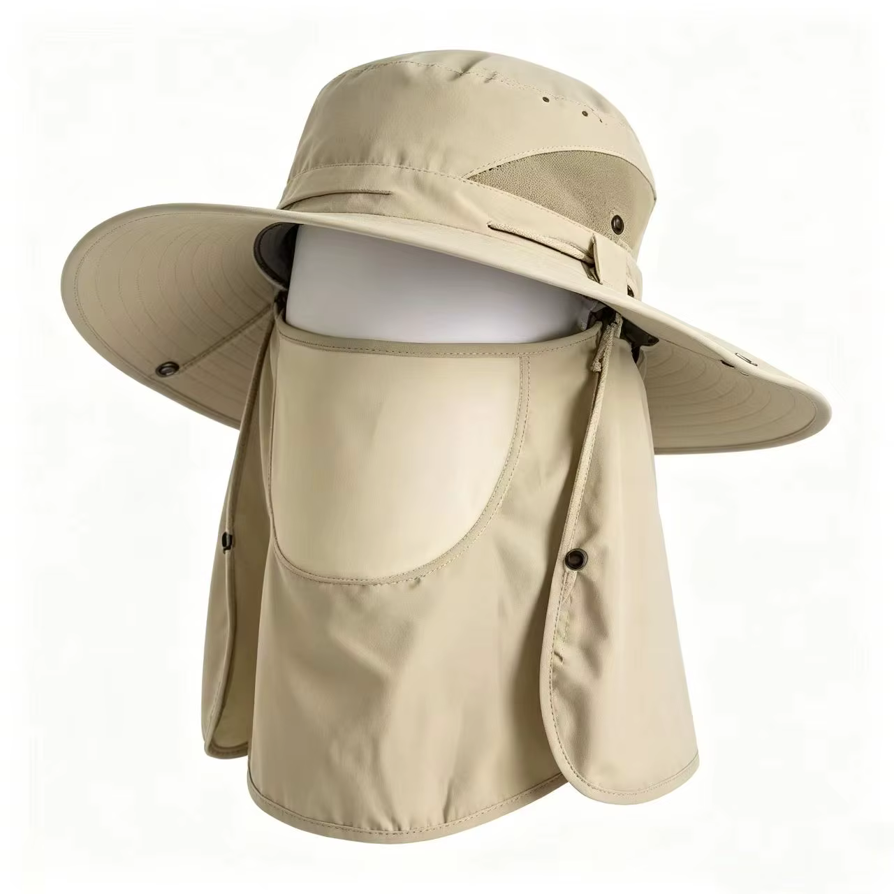 Sombrero de pesca caqui con ala ancha y protección solar