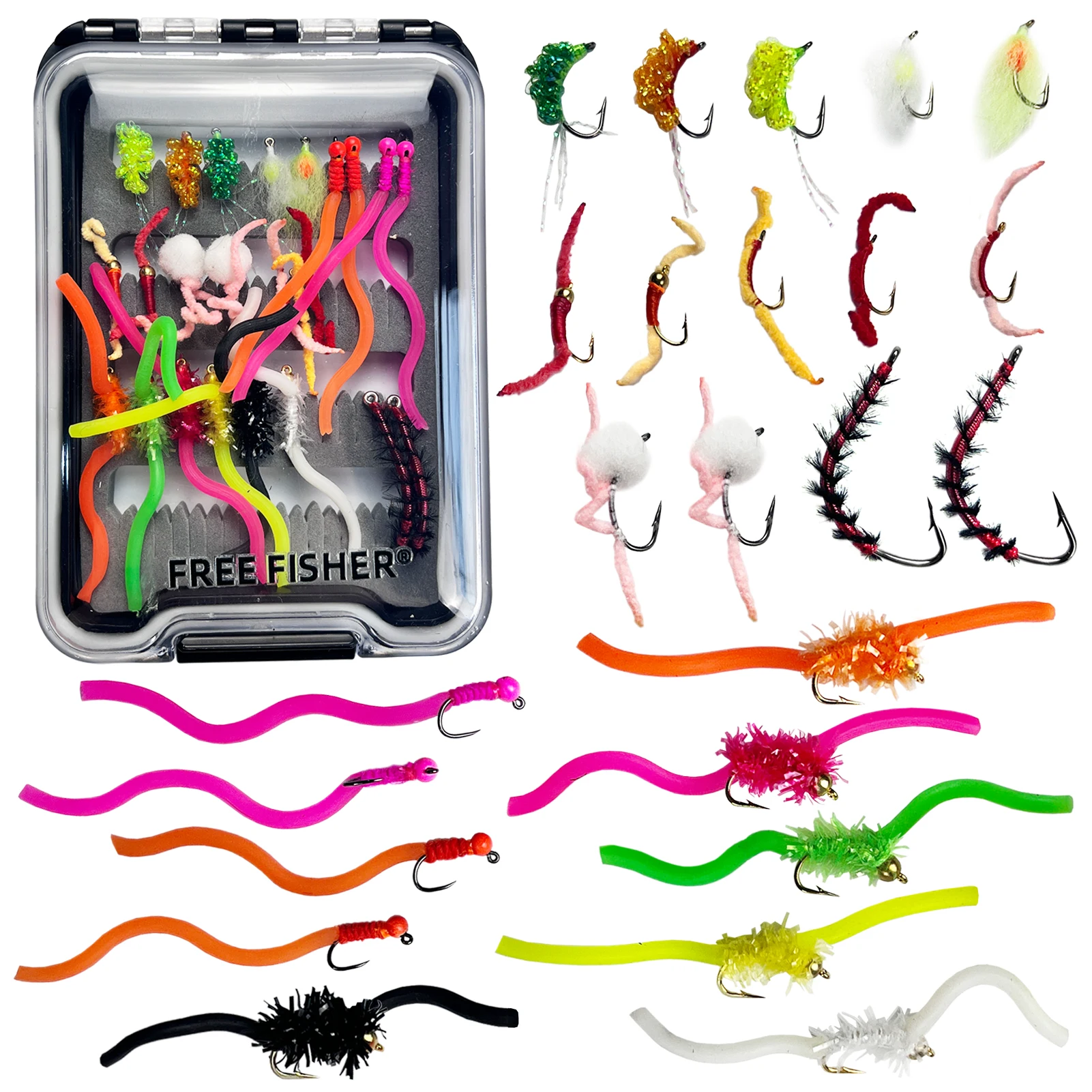 Moscas de pesca FREE FISHER con plumas y ninfa, caja EVA