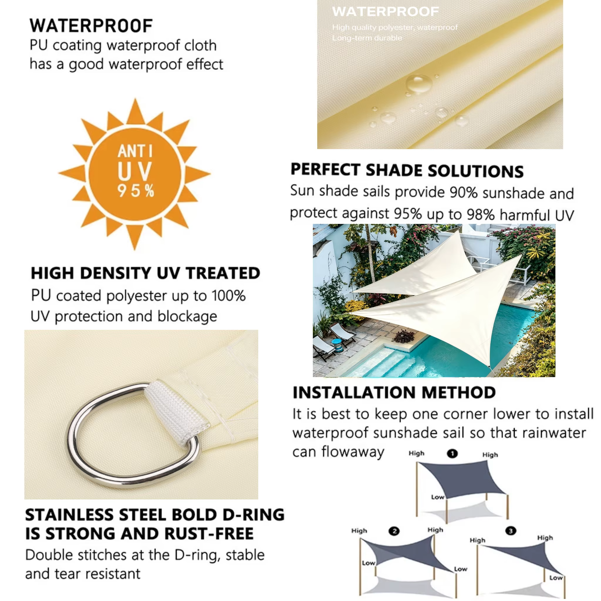 Vela de sombra triangular impermeable con protección UV para jardín - imagen 5