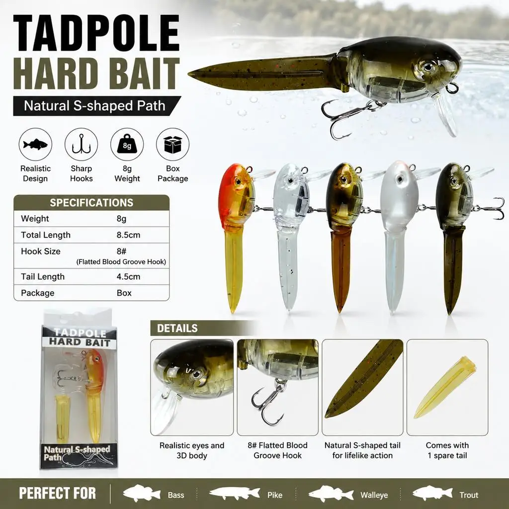 Señuelo Crankbait Tadpole con cola blanda y anzuelo triple - imagen 2