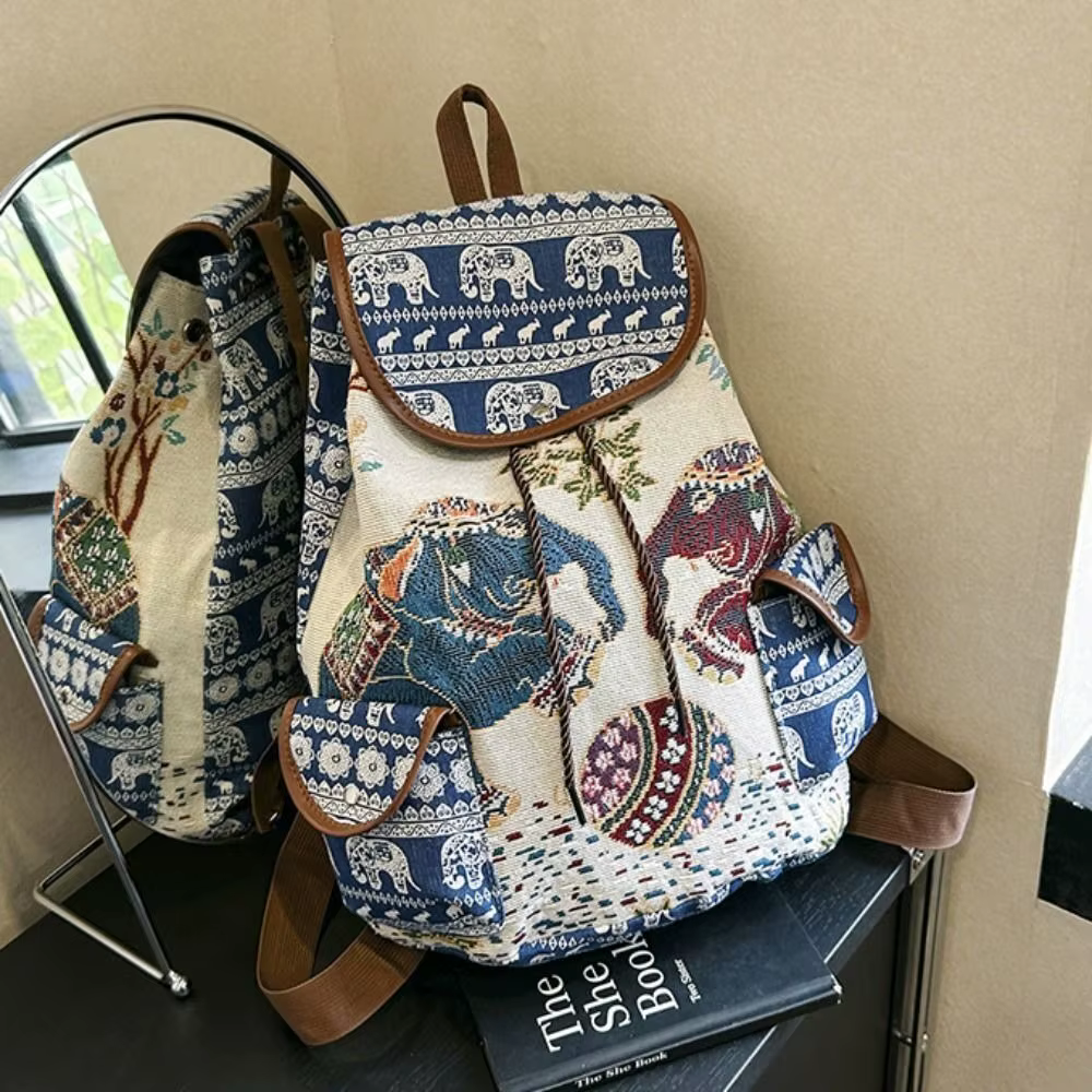 Mochila de lona Jacquard con bordado étnico de elefantes y búhos