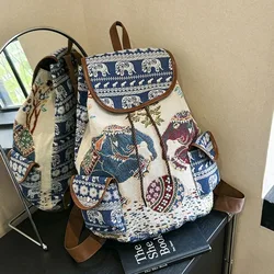 Mochila de lona Jacquard con bordado étnico de elefantes y búhos