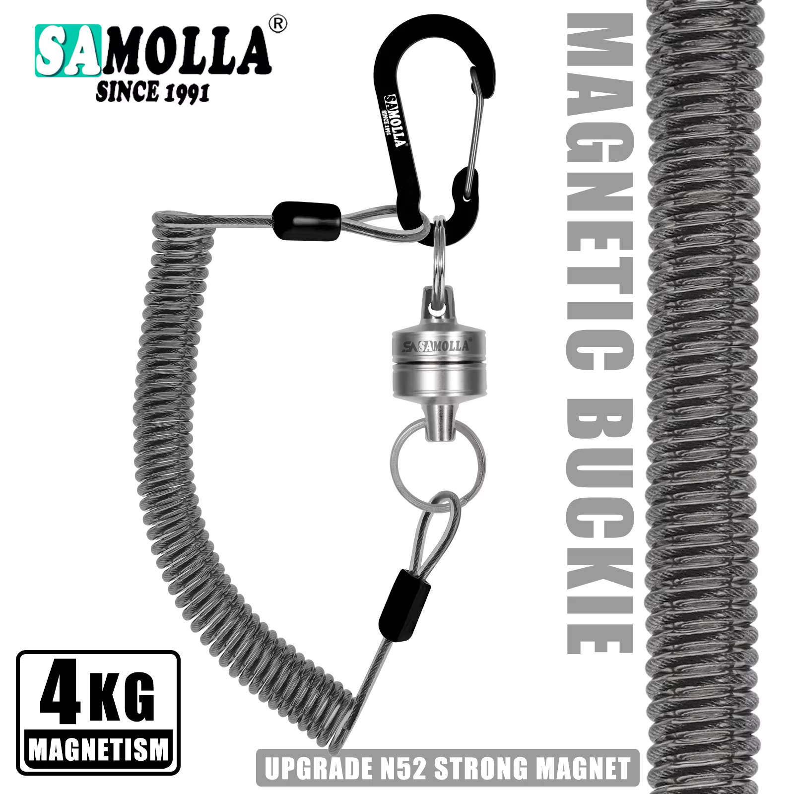 Soporte magnético para red de pesca con cordón espiral y mosquetón