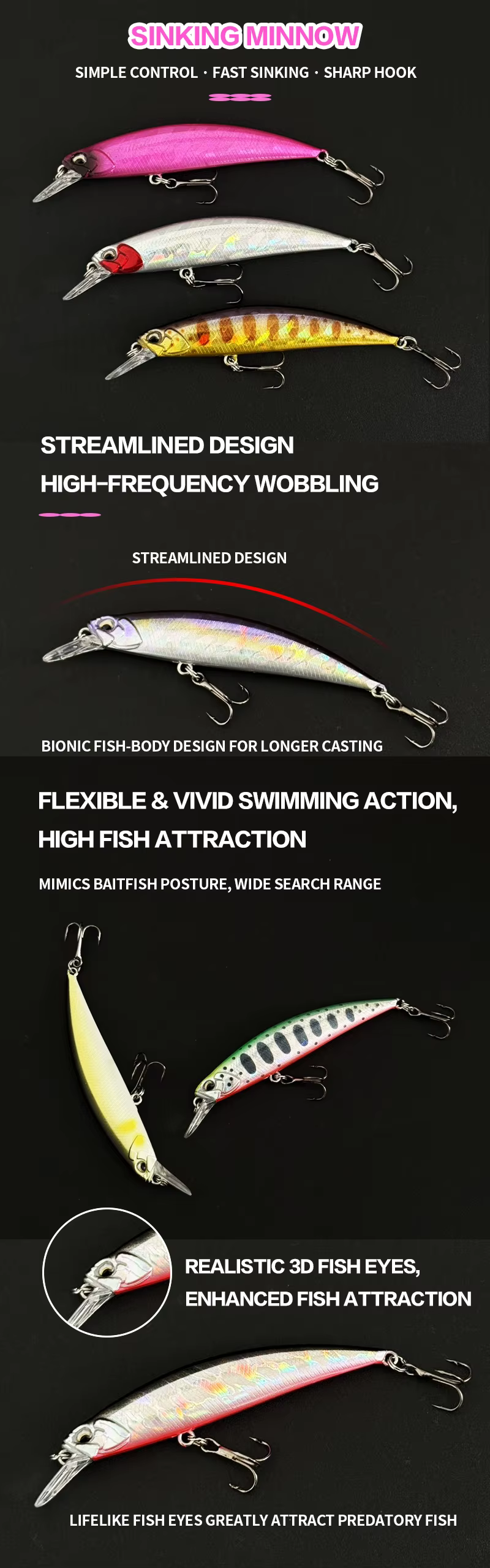 Senyuelo minnow artificial con acabados realistas en tonos naturales