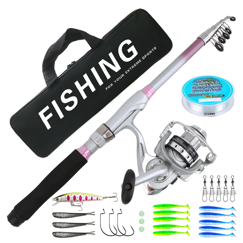 Set de pesca con caña rosa y carrete
