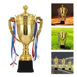 Trofeo futbol dorado de metal, corona en copa de plástico