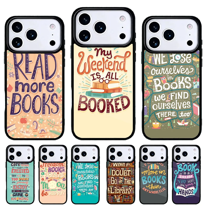 Funda iPhone con diseño de biblioteca y citas de libros, trasera