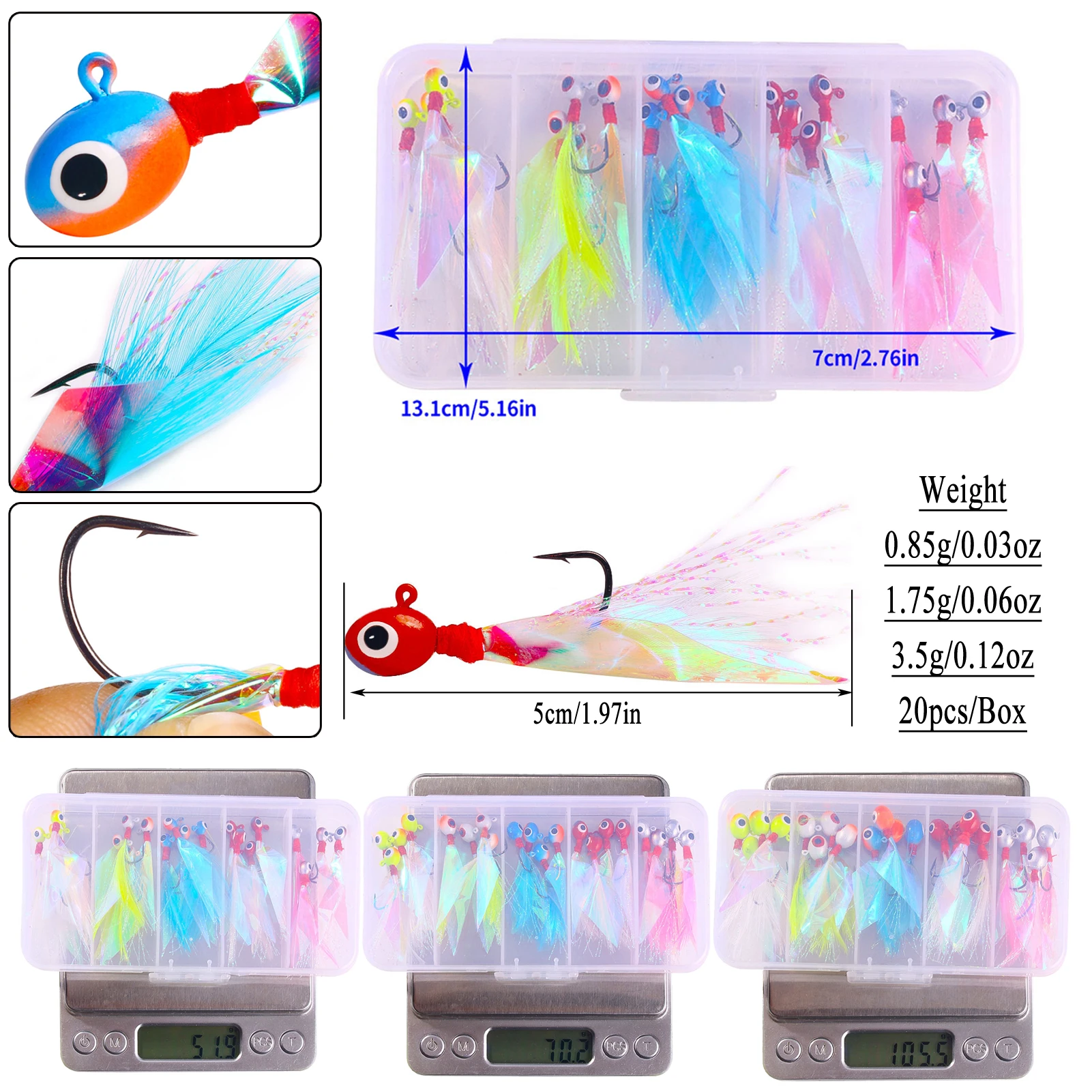 Crappie jigs con cabeza ovalada y pluma de arcoíris - imagen 4