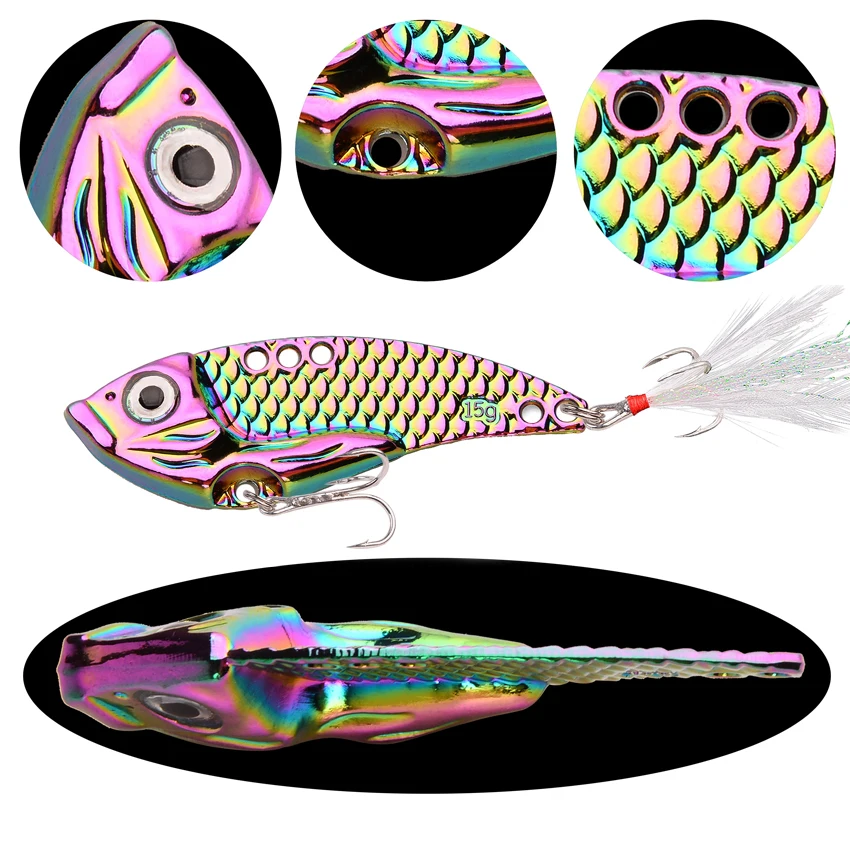 Metal Vib 5-15g: Señuelo glitter bicolor con gancho triple