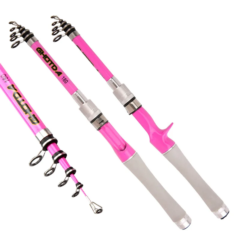 Caña de spinning telescópica carbono rosa para viaje