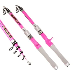 Caña de spinning telescópica carbono rosa para viaje