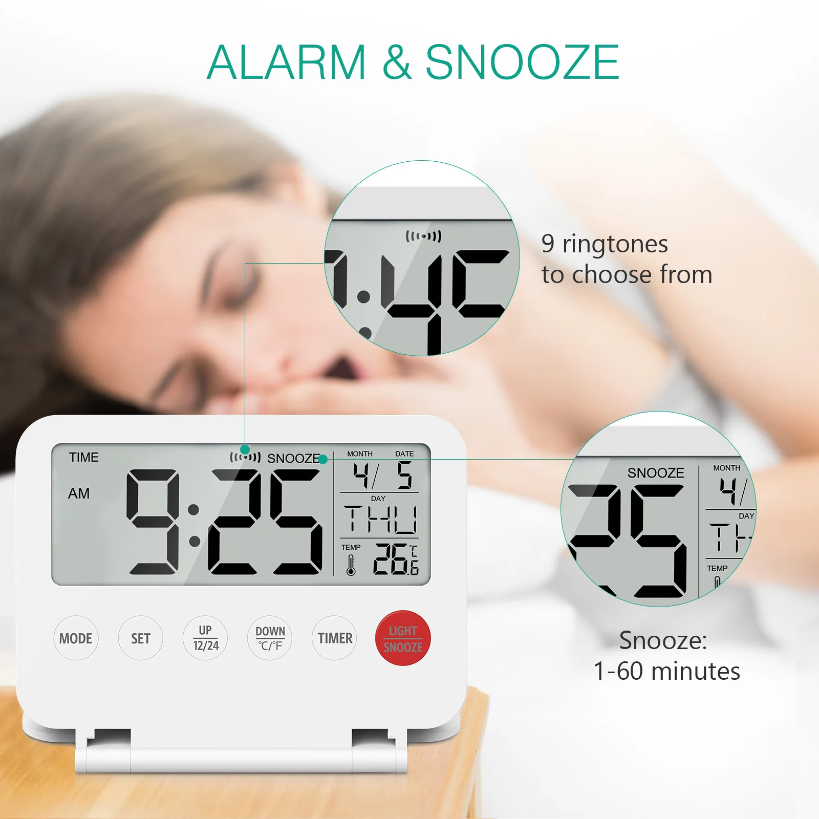 Reloj despertador digital ORIA con calendario y temperatura portátil - imagen 5