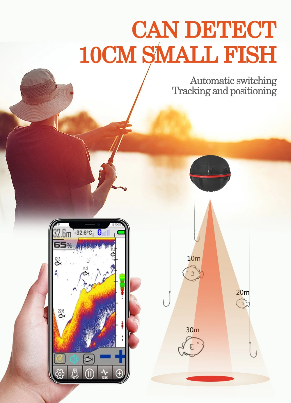 Pantalla de la app con lectura de profundidad y peces