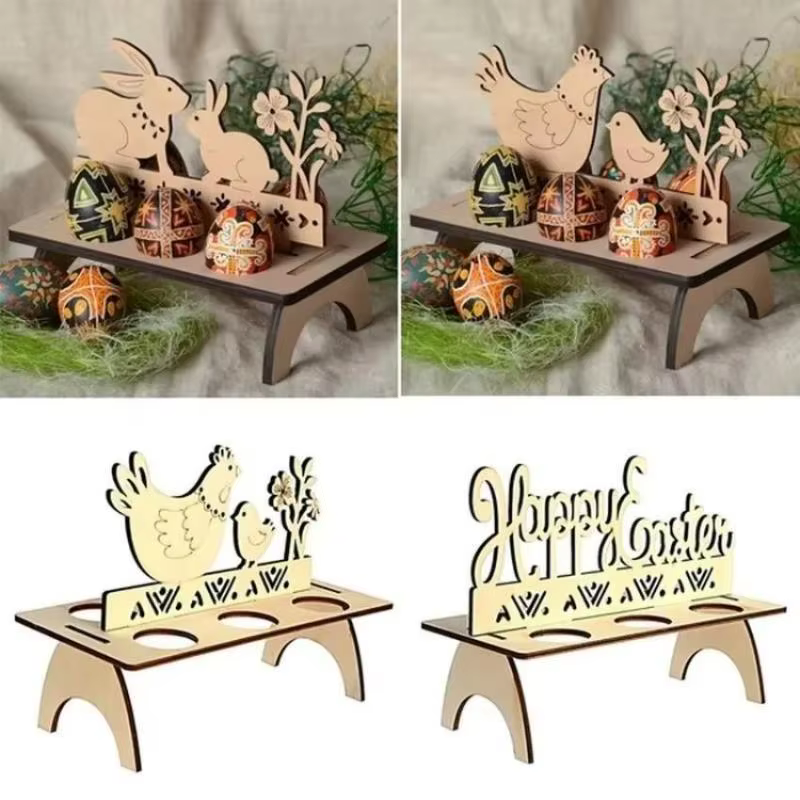 Soporte Madera Huevos Pascua con Forma de Conejo y Pollito – Decoración Mesa