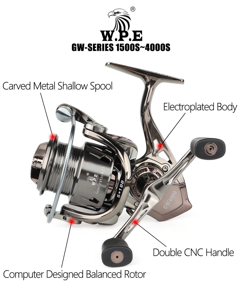 Carrete de pesca giratorio W.P.E GW en vista lateral con bobina de metal