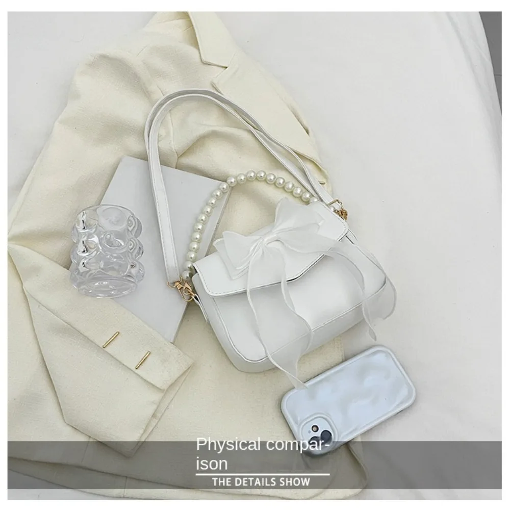 Bolsa de hombro bandolera de perlas PU con cadena y lazo - imagen 2