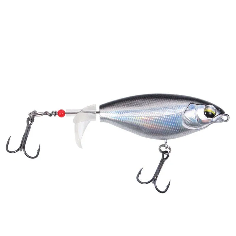 Vista del señuelo de pesca Topwater mostrando el sistema de cola rotativa