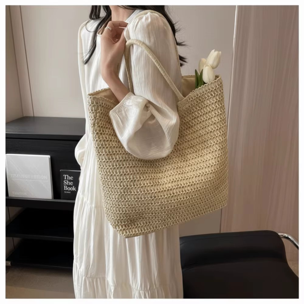 Bolso Playa Mujer Paja con Asa – Gran Capacidad y Color Liso - imagen 3