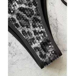 Bikini sexy leopardo con lentejuelas y cuentas, cordones en la espalda