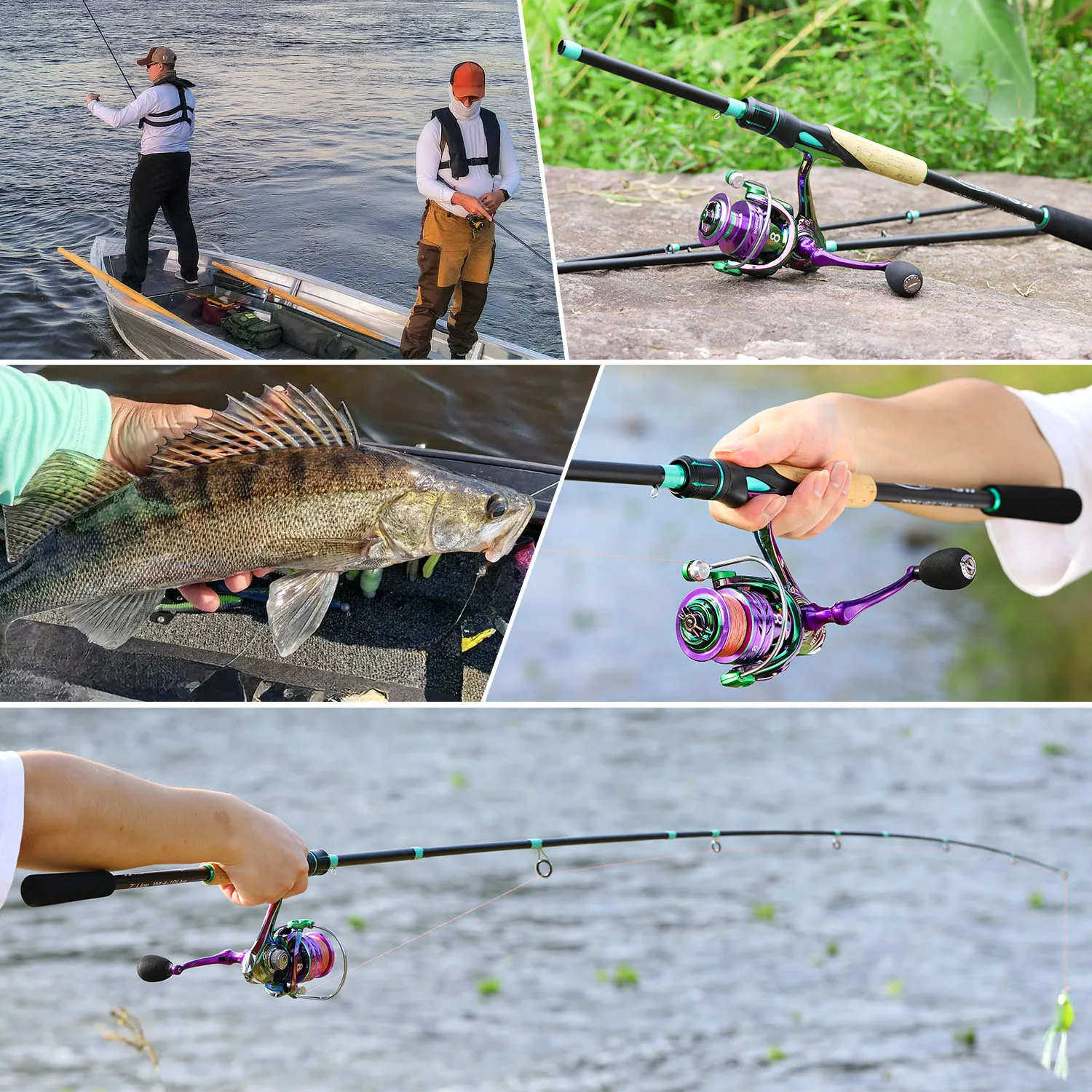 Un collage de fotos de pesca con un pescador sosteniendo un pez
