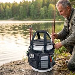 Bolsa de aparejos de pesca con soporte para cañas y multibolsillos