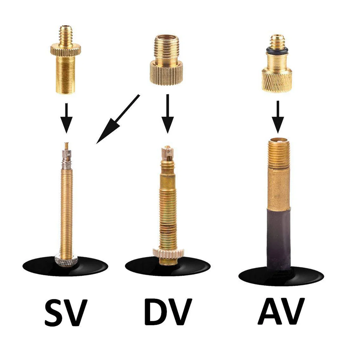 Kit adaptador válvula bicicleta cobre SV AV DV