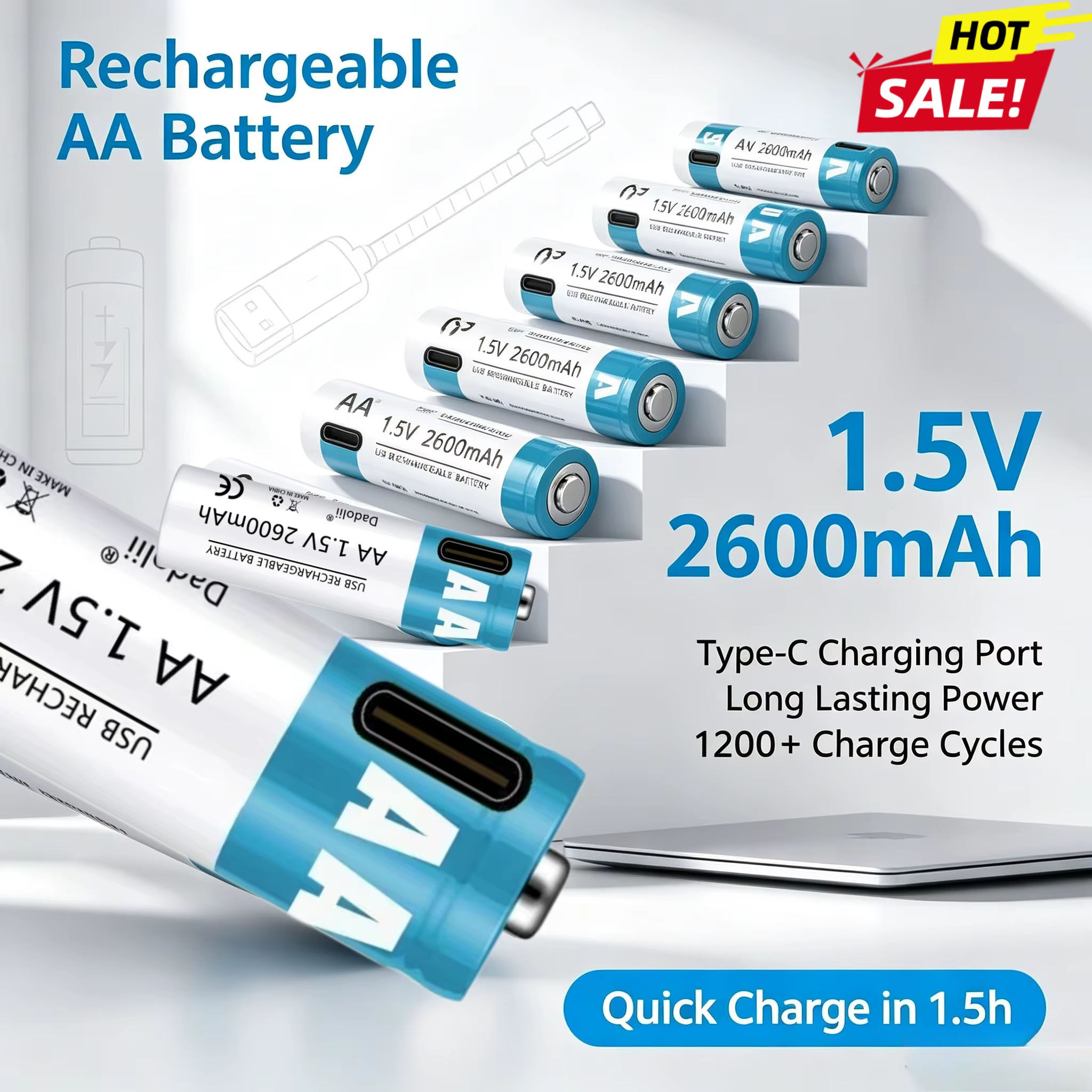 Pilas AA Recargables por USB 2600mAh Litio – Carga rápida - imagen 2