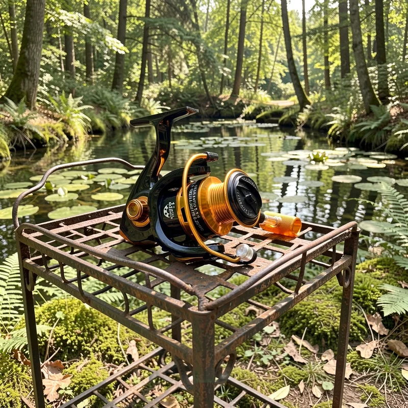 Carrete giratorio para pesca de lucio con manivela plegable