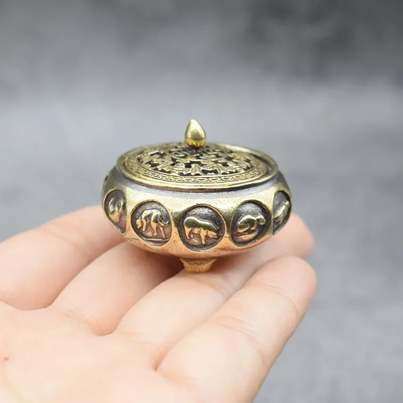 Quemador de incienso cobre hueco con soporte sándalo bronce antiguo - imagen 5