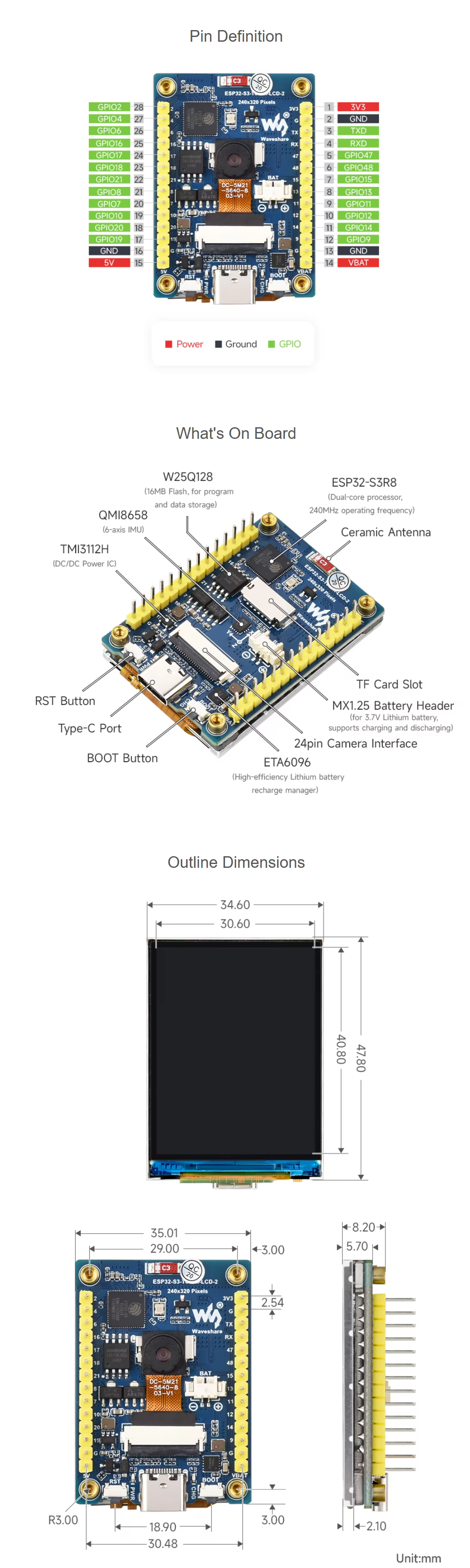 Otra vista de la placa con pantalla ESP32-S3