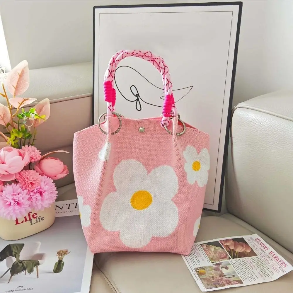 Bolso tote gran capacidad tejido floral con hebilla de anillo