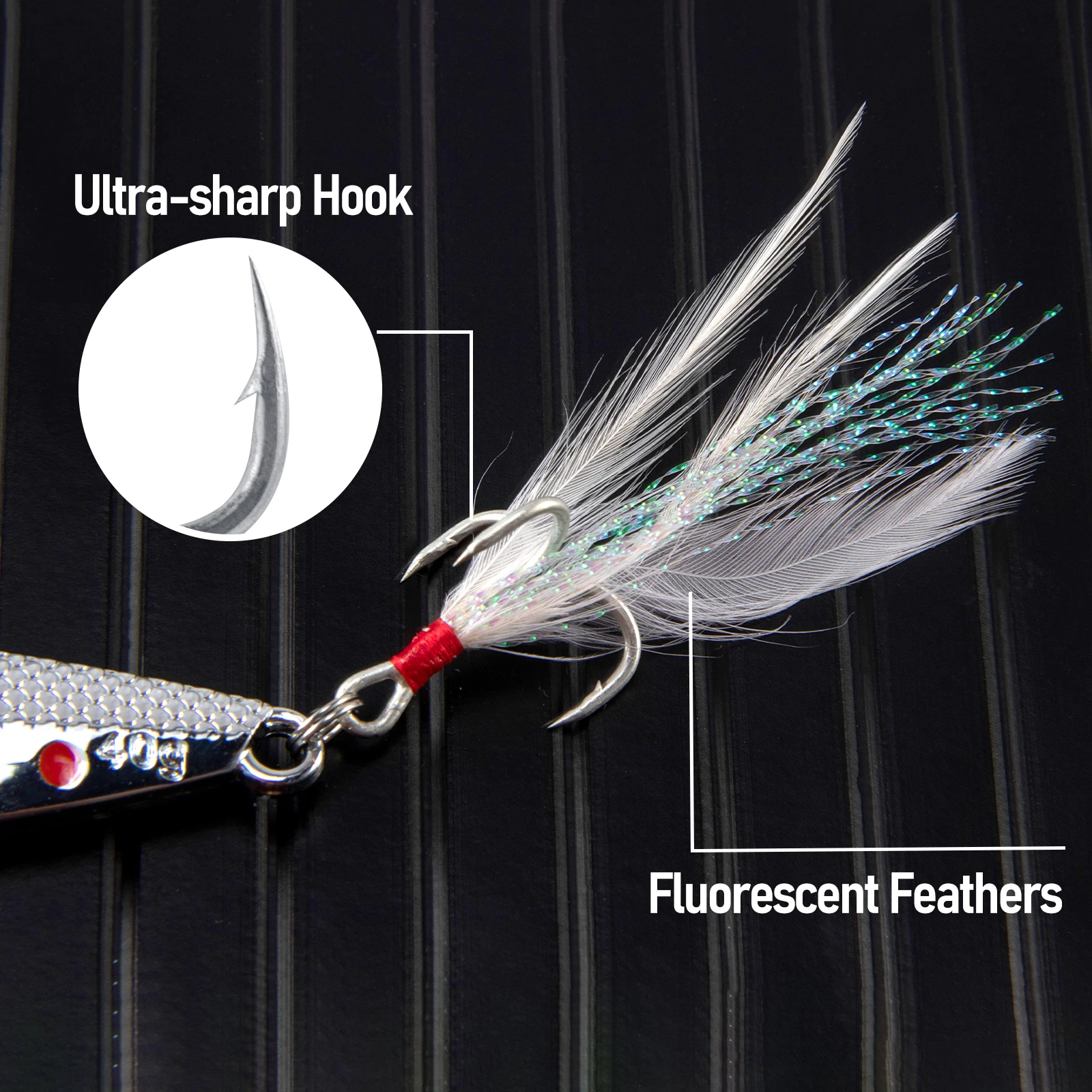 Cucharilla Jig Metal 15g-30g con triple anzuelo y plumas para lubina y corvina - imagen 4