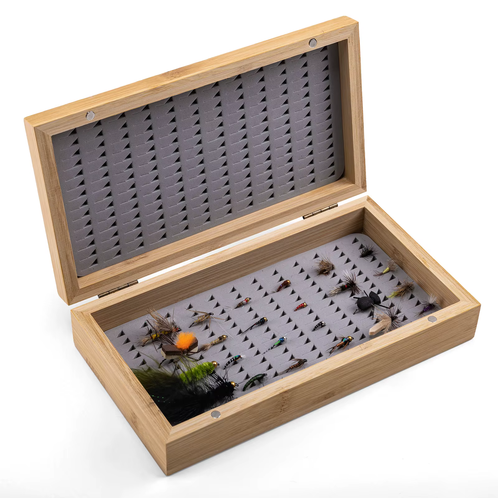 Caja de bambú organizadora para moscas de pesca