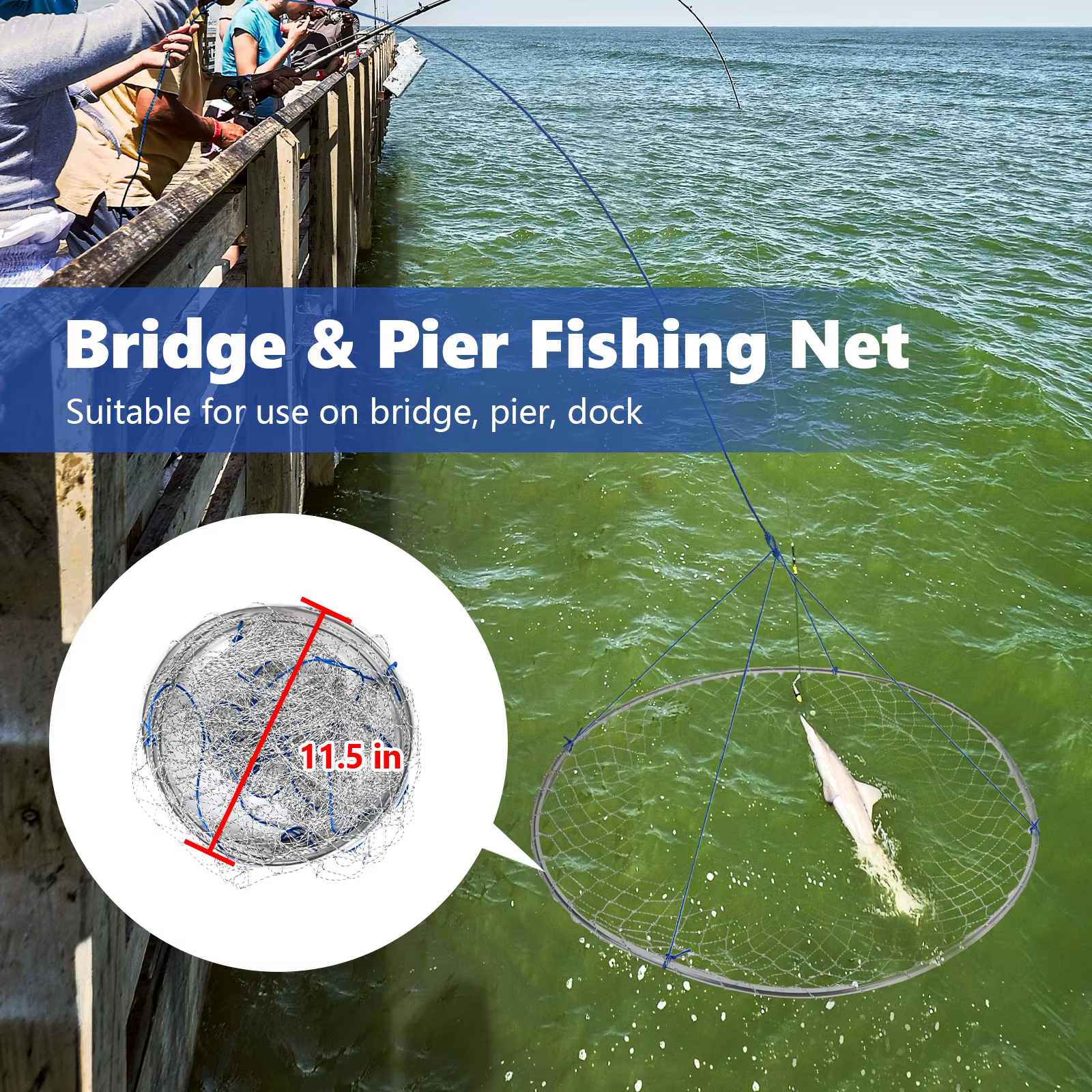 Red plegable de pesca con cordón de 15 metros