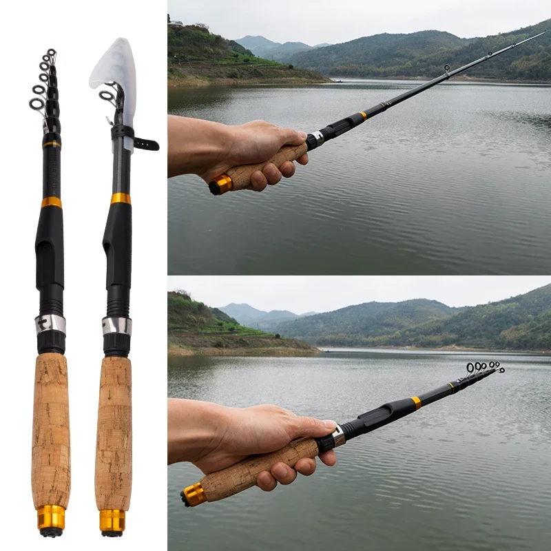 Caña telescópica de spinning de carbono DEUKIO con mango de corcho