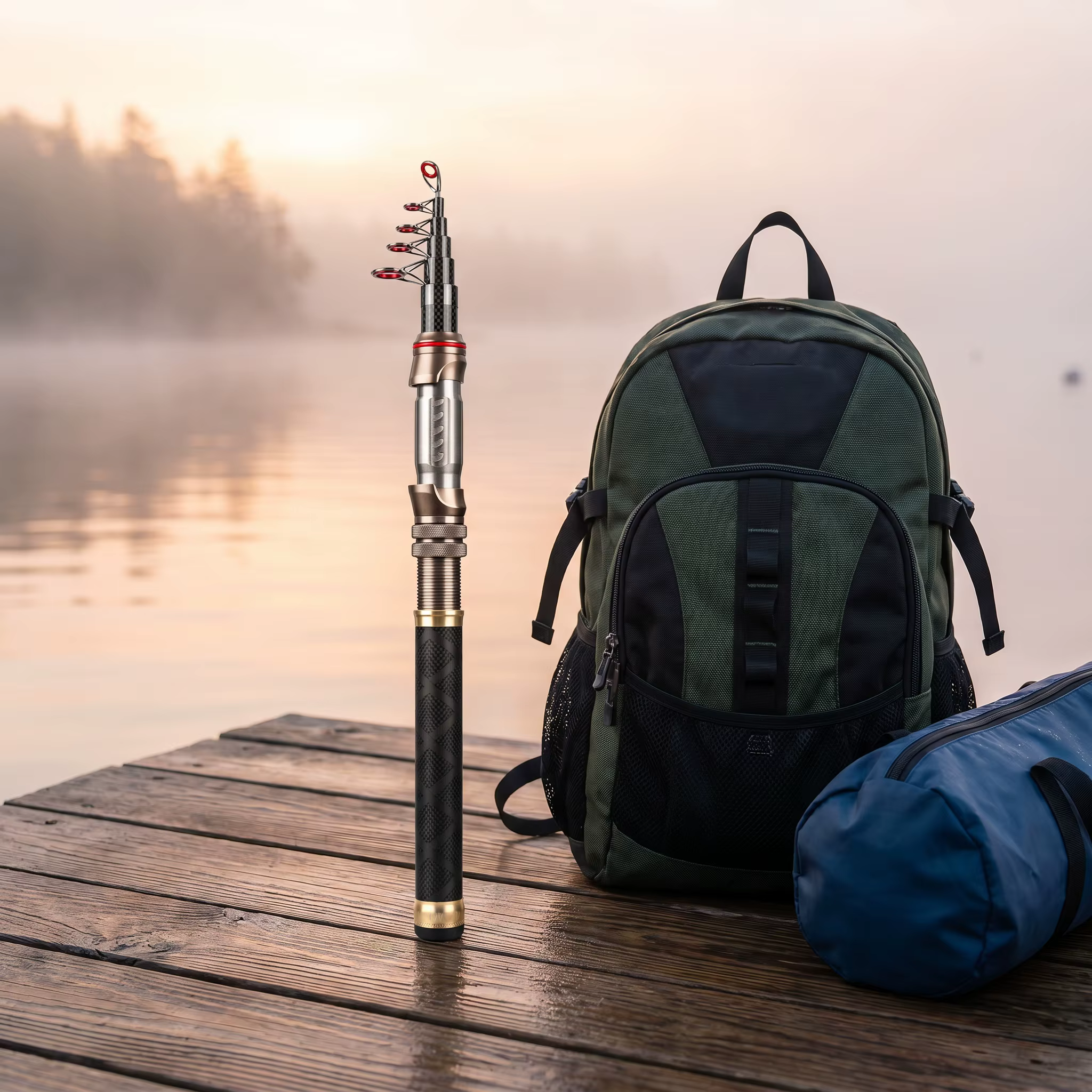 Caña telescópica Goture montada en posición de pesca