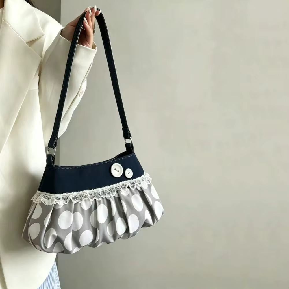 Bolso bandolera plisado niña – Estampado lunares encaje gran capacidad - imagen 3