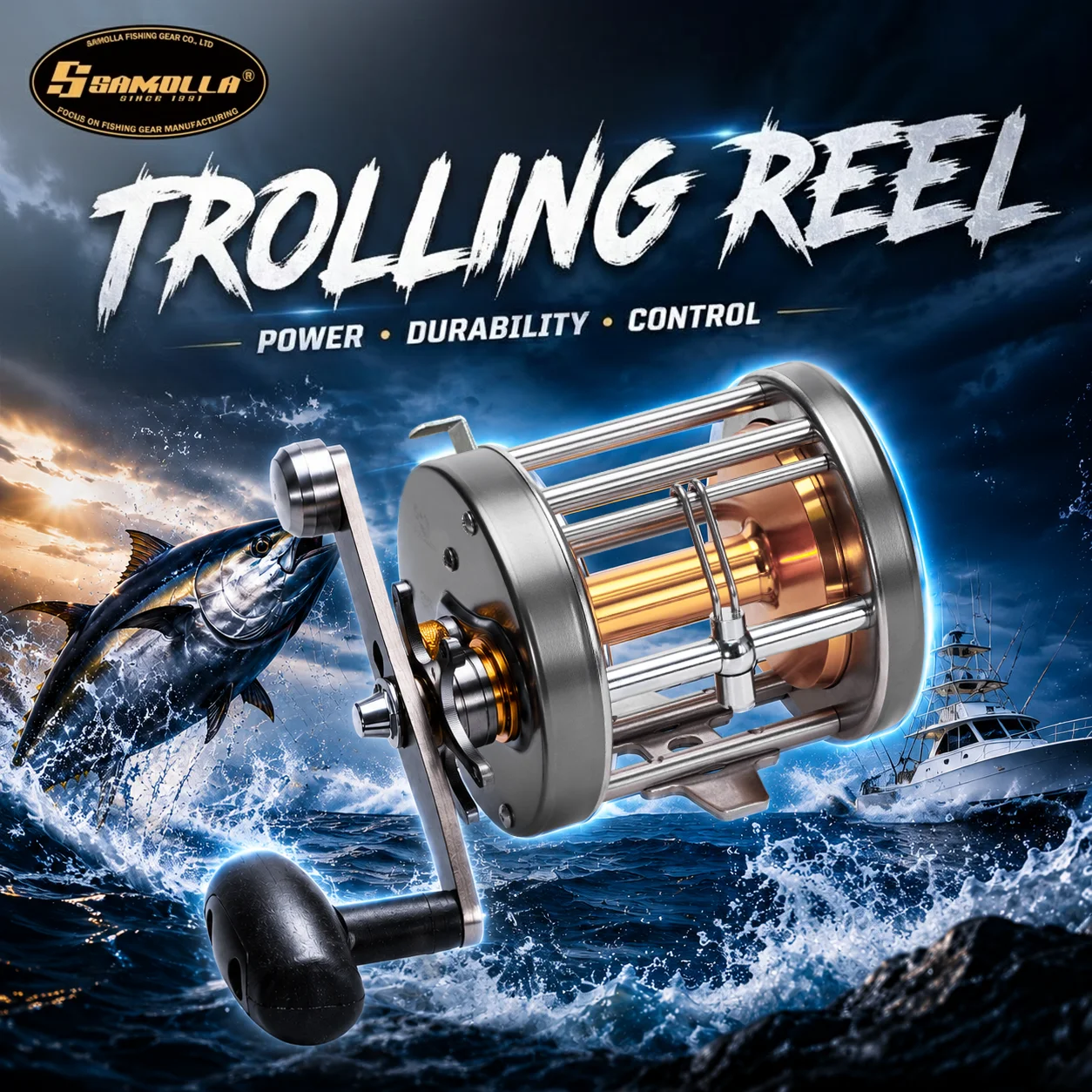 Carrete de pesca metálico de arrastre alto para trolling y jigging