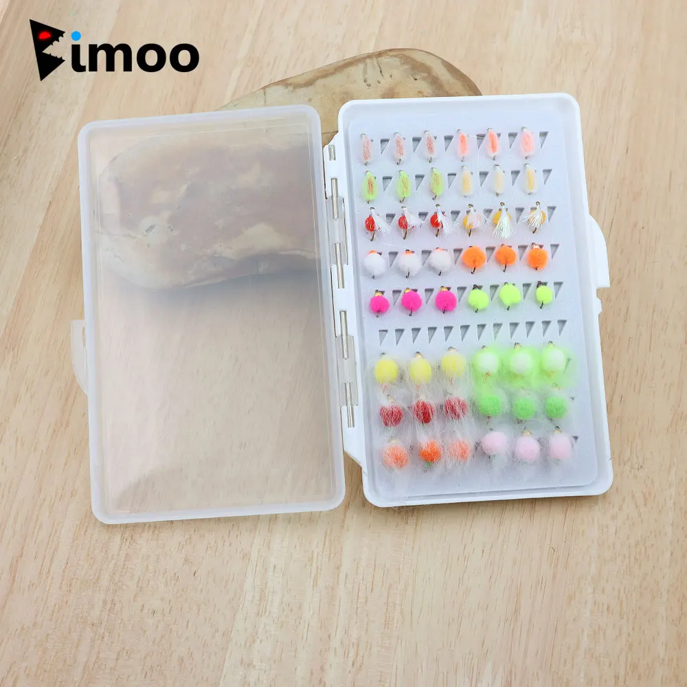 Kit de 48 moscas de pesca Bimoo en su caja organizadora